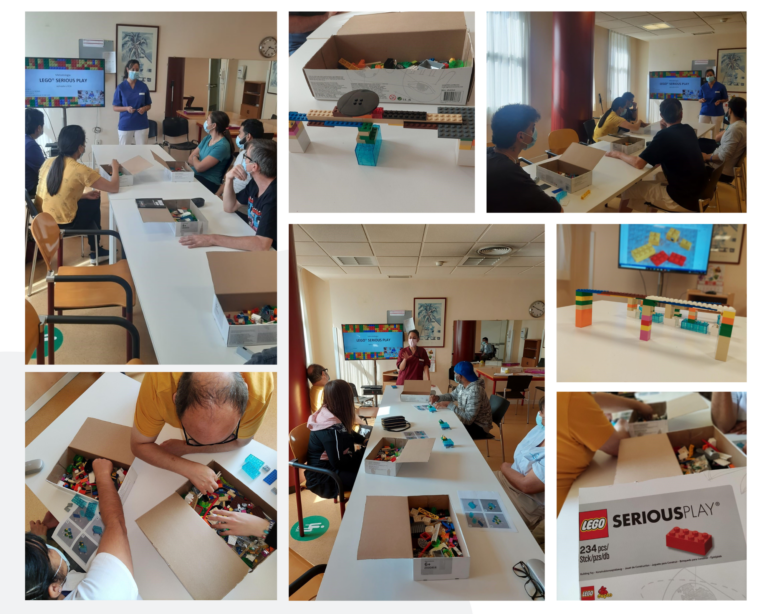 Collage de fotos de personas usuarias en el taller de Lego. Taller Lego.