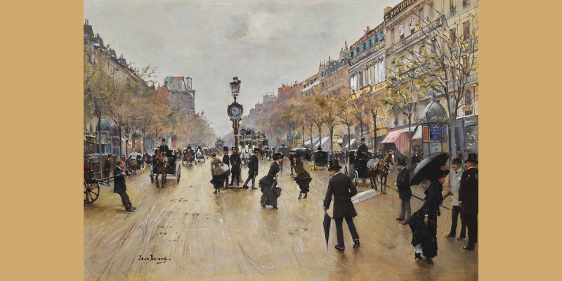 Escena en los grandes bulevares. “Un día de lluvia, óleo” sobre tabla, 26 x 36,2 cm, Museo Carnavalet.