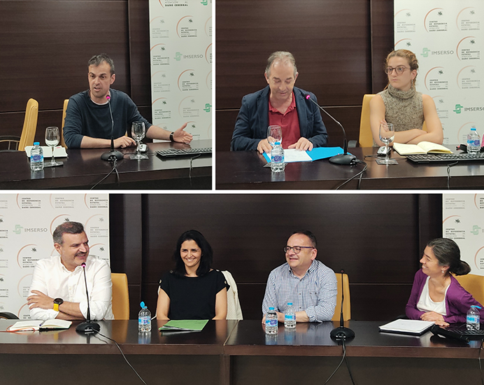 Collage con varias fotos: arriba a la izquierda Miguel Moreno. Arriba a la derecha Bernabé Pérez y Cecilia González. Abajo Ángel Cebrián, María González, Rafael Martínez y Amor Bize durante el coloquio. Varias fotos de la jornada.